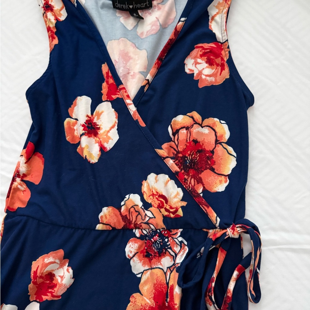 Derek Heart Blue Sleeveless Floral Wrap Dress with Coral-Pink Blooms